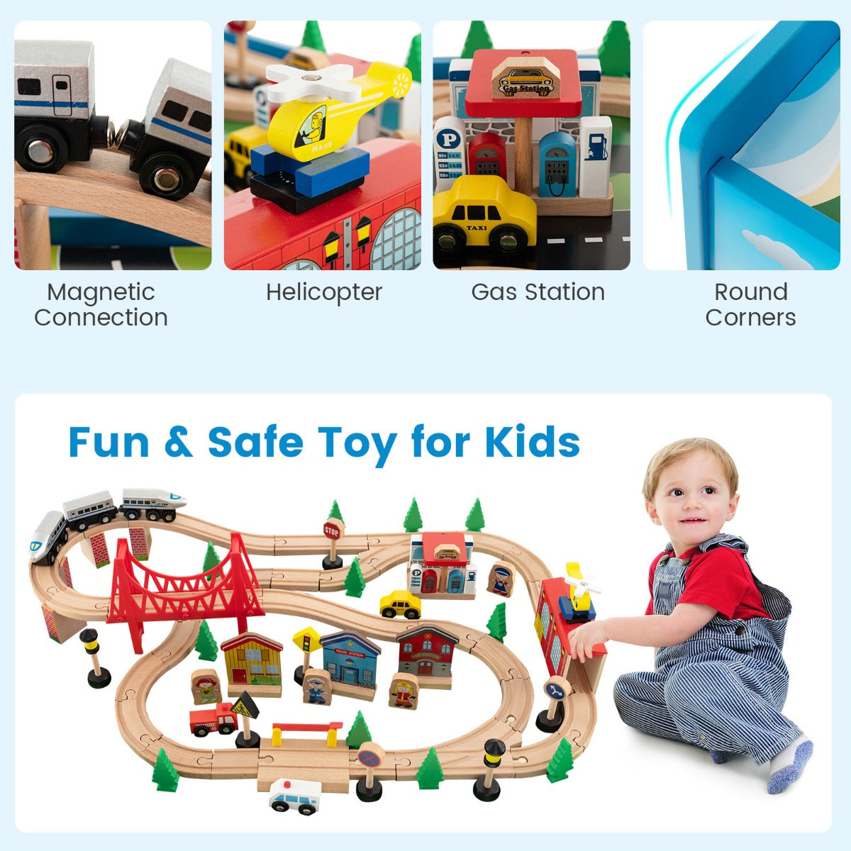 84/80 Pieces Wooden Train Set &amp; Table with Reversible Tabletop-Blue