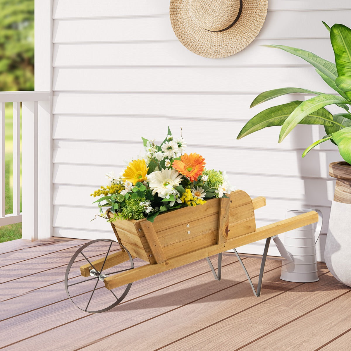 Wooden Wagon Planter Small Wheelbarrow Wagon Flower Raised Bed-Walnut