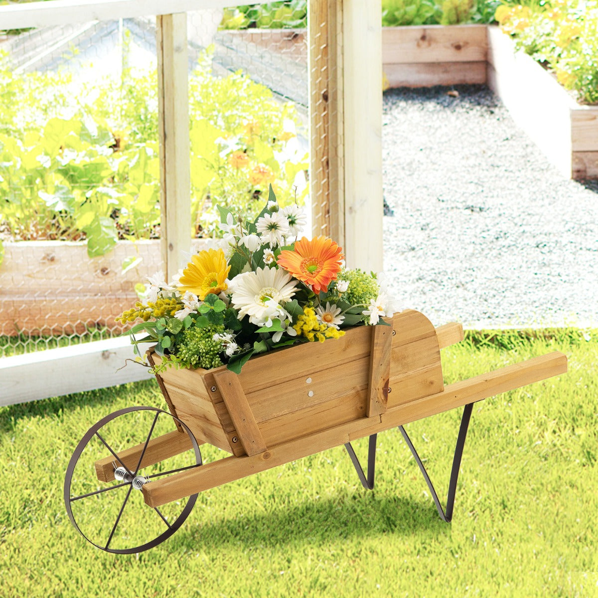 Wooden Wagon Planter Small Wheelbarrow Wagon Flower Raised Bed-Walnut