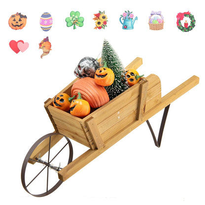 Wooden Wagon Planter Small Wheelbarrow Wagon Flower Raised Bed-Walnut