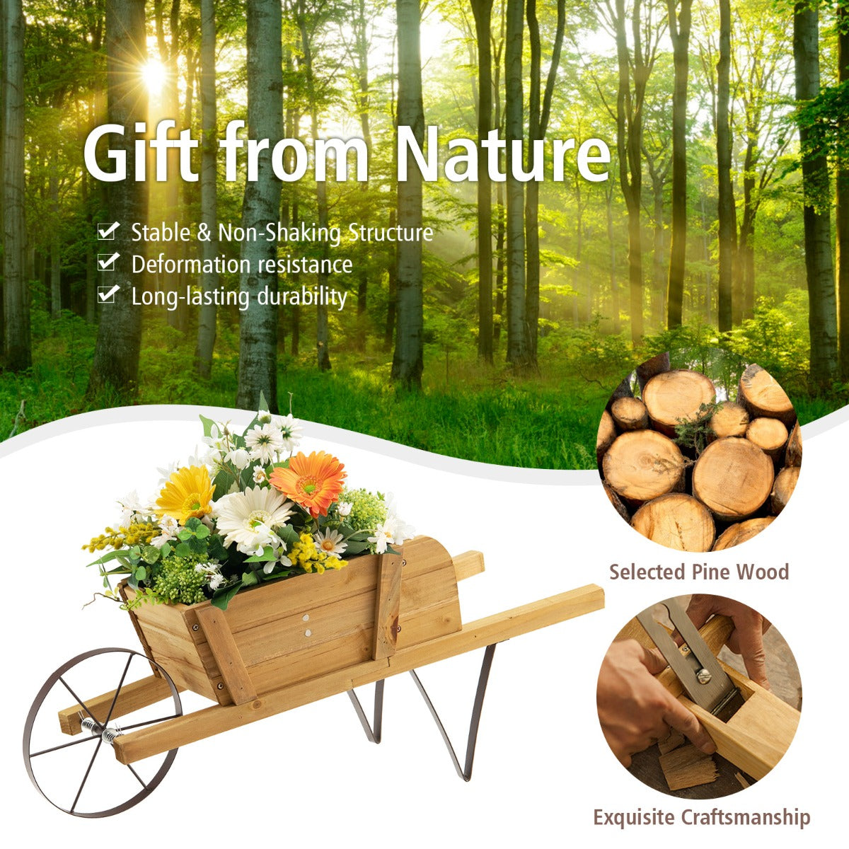 Wooden Wagon Planter Small Wheelbarrow Wagon Flower Raised Bed-Walnut