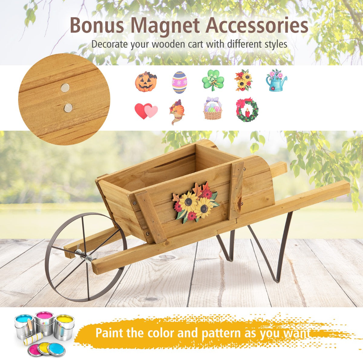 Wooden Wagon Planter Small Wheelbarrow Wagon Flower Raised Bed-Walnut