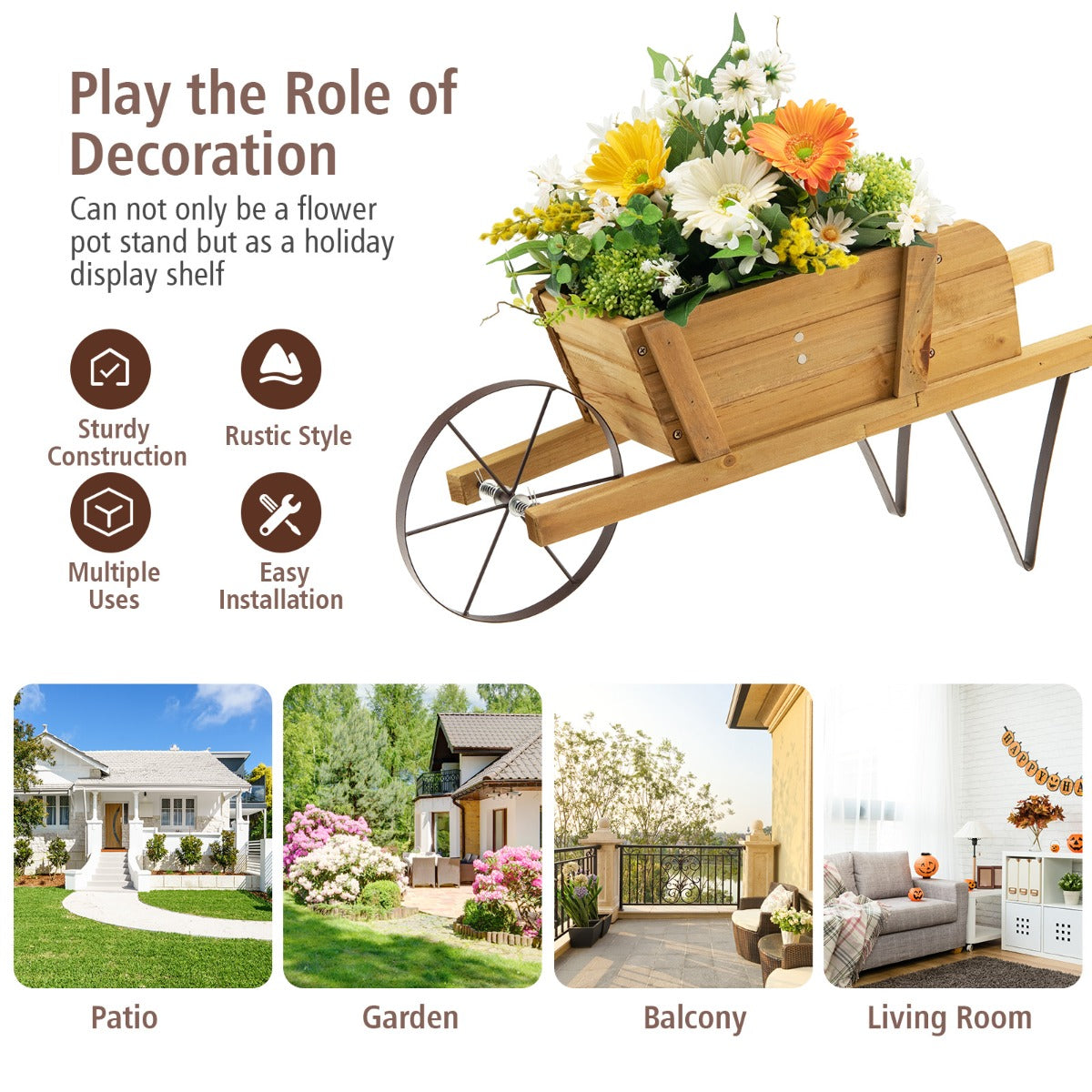 Wooden Wagon Planter Small Wheelbarrow Wagon Flower Raised Bed-Walnut