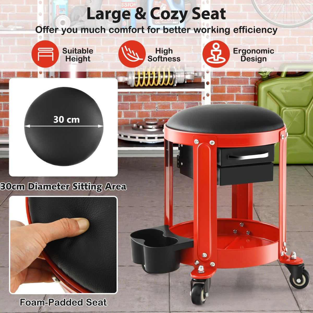 Workshop Creeper Seat with Removable Padded Seat and 4 Universal Casters