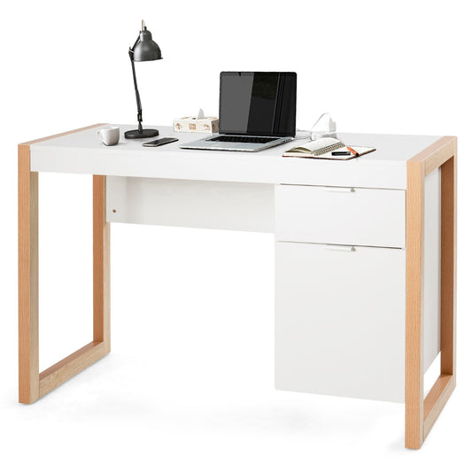Costway 112.5 CM Writing Desk with Drawer with One Drawer and Cabinet-White