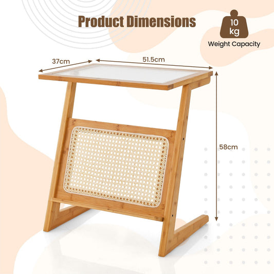 Z-Shaped Bamboo Side Table with Glass Top and Rattan Shelf, 0.5m Tall